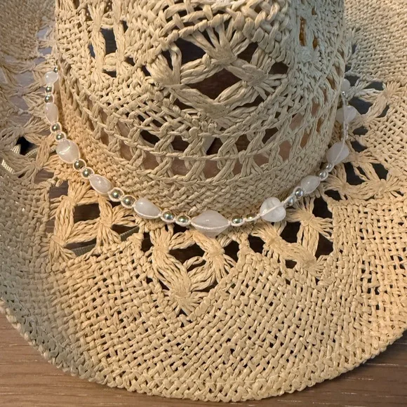 Beige Crochet Cowboy Hat with Beaded Band - Picture 2 of 3